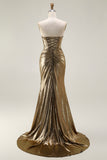 Metallic Dark Golden Mermaid Strapless Cut Out Long Prom Dress with Slit