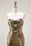 Metallic Dark Golden Mermaid Strapless Cut Out Long Prom Dress with Slit