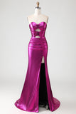Metallic Dark Golden Mermaid Strapless Cut Out Long Prom Dress with Slit