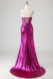 Metallic Dark Golden Mermaid Strapless Cut Out Long Prom Dress with Slit