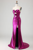 Metallic Dark Golden Mermaid Strapless Cut Out Long Prom Dress with Slit