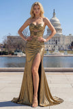 Metallic Dark Golden Mermaid Strapless Cut Out Long Prom Dress with Slit