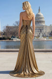 Metallic Dark Golden Mermaid Strapless Cut Out Long Prom Dress with Slit