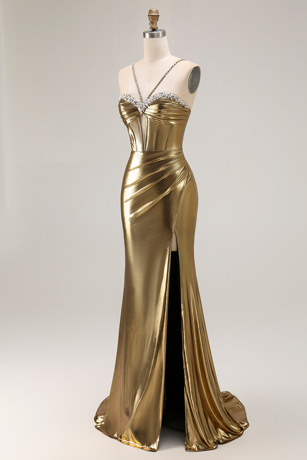 Zapaka Women Metallic Golden Beaded Prom Dress Corset Mermaid Long Evening Dress With Slit, Golden / US18W Zapaka Women Metallic Golden Beaded Prom Dress Corset Mermaid Long Evening Dress With Slit, Golden / US18W