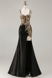 Black Mermaid Beaded Embroidered Satin Sequin Long Prom Dress with Slit