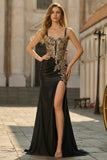 Black Mermaid Beaded Embroidered Satin Sequin Long Prom Dress with Slit