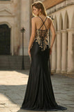 Black Mermaid Sequins Embroidered Lace Up Back Long Prom Dress with Slit