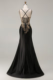 Black Mermaid Beaded Embroidered Satin Sequin Long Prom Dress with Slit