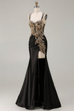 Black Mermaid Beaded Embroidered Satin Sequin Long Prom Dress with Slit
