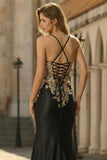 Black Mermaid Sequins Embroidered Lace Up Back Long Prom Dress with Slit