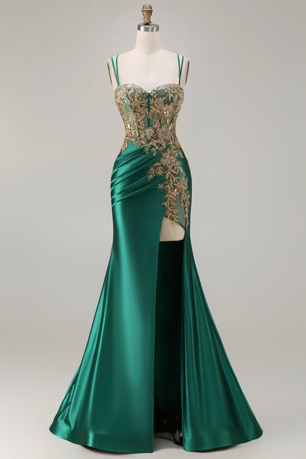Zapaka Women Dark Green Mermaid Long Prom Dress with Slit Embroidered Spaghetti Straps Sequins Lace Up Back Formal Dress with Beading, Dark Green / Zapaka Women Dark Green Mermaid Long Prom Dress with Slit Embroidered Spaghetti Straps Sequins Lace Up Back Formal Dress with Beading, Dark Green /