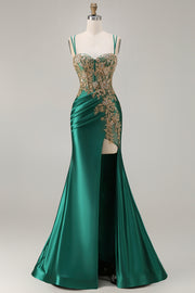 Dark Green Mermaid Beaded Lace Up Back Sequin Long Prom Dress with Slit