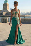 Dark Green Sequins Mermaid Satin Lace Up Back Long Prom Dress with Slit