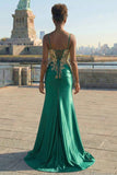 Dark Green Sequins Mermaid Satin Lace Up Back Long Prom Dress with Slit