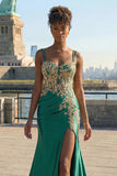 Dark Green Sequins Mermaid Satin Lace Up Back Long Prom Dress with Slit