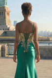 Dark Green Sequins Mermaid Satin Lace Up Back Long Prom Dress with Slit