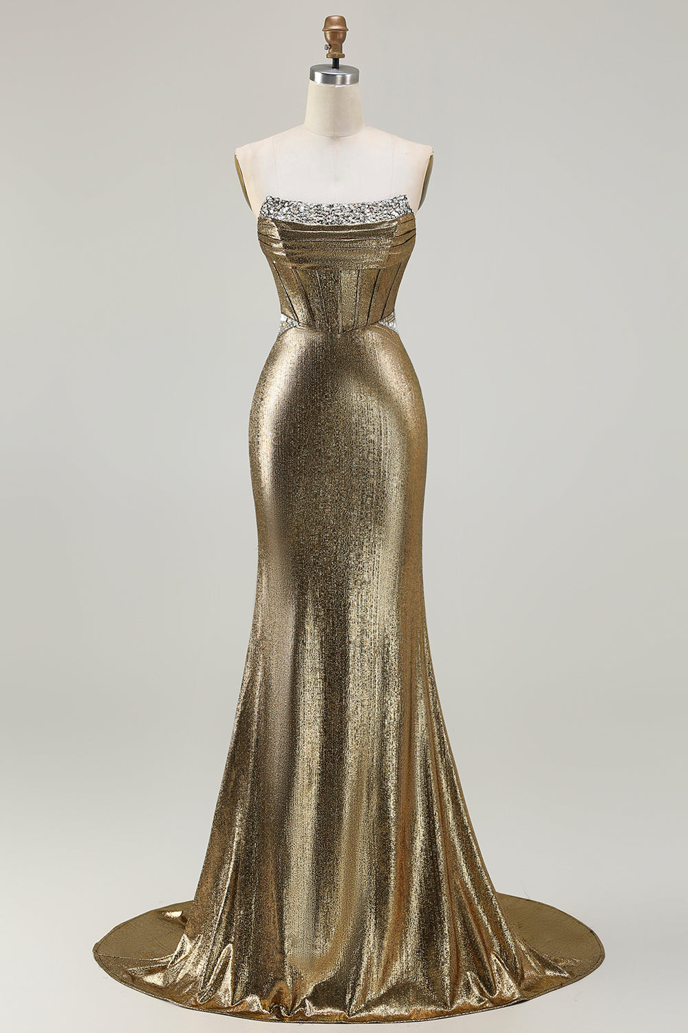 Zapaka Women Metallic Dark Golden Long Prom Dress Mermaid Strapless