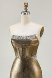 Metallic Dark Golden Beaded Corset Strapless Long Prom Dress