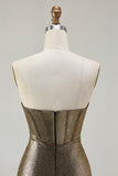 Metallic Dark Golden Beaded Corset Strapless Long Prom Dress