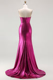 Metallic Fuchsia Mermaid Beaded Corset Strapless Long Prom Dress