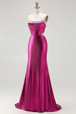 Metallic Fuchsia Mermaid Beaded Corset Strapless Long Prom Dress