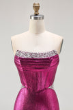 Metallic Fuchsia Mermaid Beaded Corset Strapless Long Prom Dress