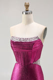 Metallic Fuchsia Mermaid Beaded Corset Strapless Long Prom Dress