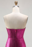 Metallic Fuchsia Mermaid Beaded Corset Strapless Long Prom Dress