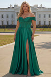 Off The Shoulder Dark Green Beaded A Line Corset Long Plus Size Prom Dress with Slit