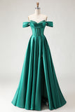 Off The Shoulder Dark Green Beaded A Line Corset Long Prom Dress with Slit
