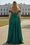 Off The Shoulder Dark Green Beaded A Line Corset Long Plus Size Prom Dress with Slit