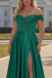 Off The Shoulder Dark Green Beaded A Line Corset Long Plus Size Prom Dress with Slit