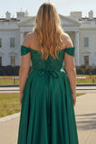 Off The Shoulder Dark Green Beaded A Line Corset Long Plus Size Prom Dress with Slit