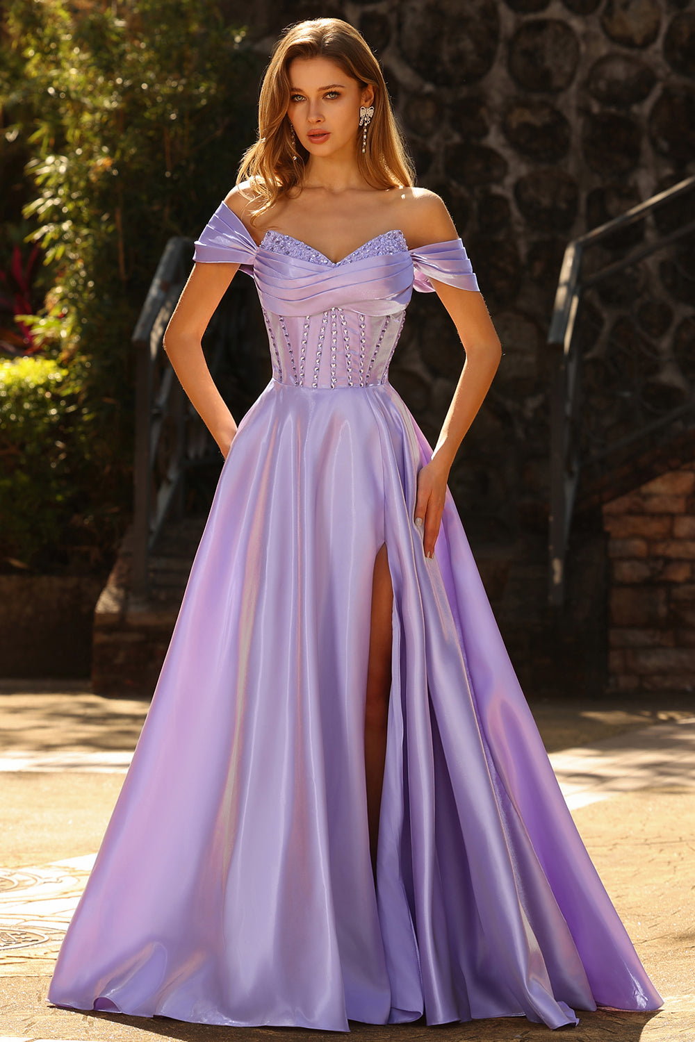 Zapaka Women Purple Corset Long Prom Dress with Slit A Line Off The Shoulder Beaded Satin Formal Dress with Lace Up Back, Purple / US22W Zapaka Women Purple Corset Long Prom Dress with Slit A Line Off The Shoulder Beaded Satin Formal Dress with Lace Up Back, Purple / US22W