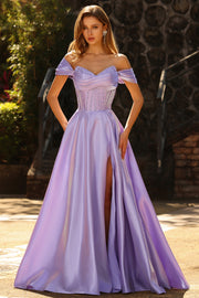 Off The Shoulder Purple A Line Beaded Long Satin Prom Dress with Slit