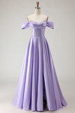 Off The Shoulder Beaded A Line Purple Corset Long Prom Dress with Slit