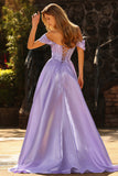 Off The Shoulder Purple A Line Beaded Long Satin Prom Dress with Slit