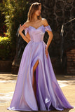 Off The Shoulder Purple A Line Beaded Long Satin Prom Dress with Slit
