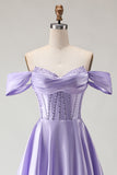 Off The Shoulder Beaded A Line Purple Corset Long Prom Dress with Slit