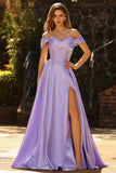 Off The Shoulder Purple A Line Beaded Long Satin Prom Dress with Slit