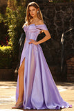 Off The Shoulder Purple A Line Beaded Long Satin Prom Dress with Slit