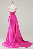 Fuchsia Mermaid Streamer Beaded Ruched Long Prom Dress with Slit