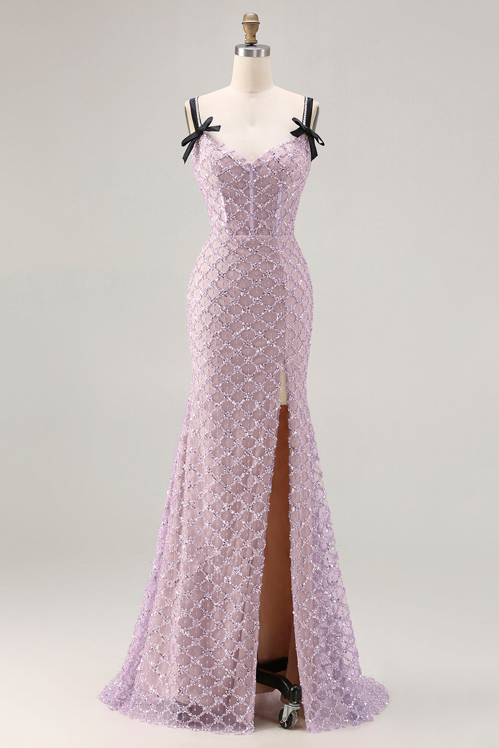 Zapaka Women Lilac Long Prom Dress with Slit Mermaid Beaded Spaghetti Straps Corset Lace Up Back Sequin Party Dress with Bows, Lilac / US4