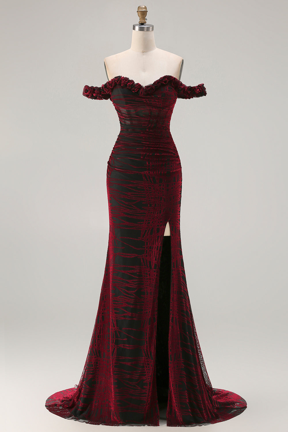 Zapaka Women Black Red Mermaid Long Prom Dress Off The Shoulder Velvet Ruched Party Dress with Slit, Black Red / UK30 Zapaka Women Black Red Mermaid Long Prom Dress Off The Shoulder Velvet Ruched Party Dress with Slit, Black Red / UK30