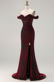 Black Red Mermaid Off the Shoulder Corset Ruched Long Prom Dress with Slit