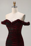 Black Red Mermaid Off the Shoulder Corset Ruched Long Prom Dress with Slit