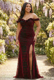 Off the Shoulder Black Red Mermaid Corset Plus Size Long Prom Dress with Slit