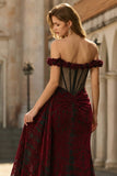 Off The Shoulder Black Red Corset Mermaid Long Prom Dress with Slit