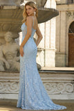 Blue Mermaid Spaghetti Straps Sheer Corset Beaded Long Prom Dress with Slit