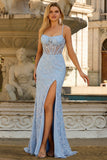 Blue Sheer Corset Mermaid Beaded Long Prom Dress with Slit